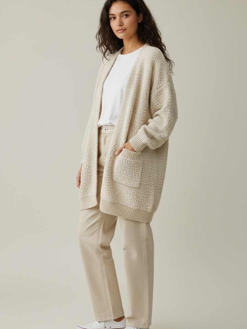 POL Popcorn Knit Cardigan Sweater Womens L Cream Ivory Open Front Pocket Cozy